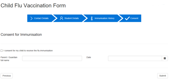 Picture showing the Consent for Immunisation Page. 